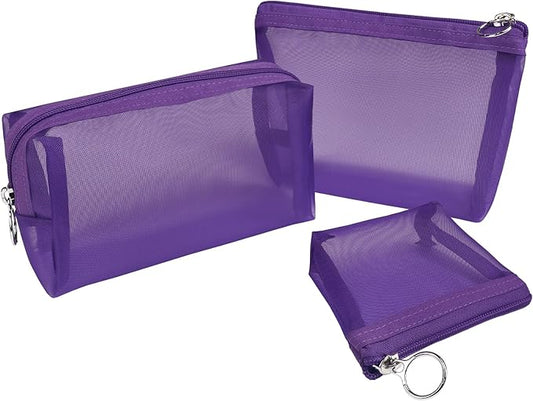 Aosbos 3-Pack Mesh Cosmetic Bag Set - Travel/On-The-Go Makeup Storage, Zipper Closure Small Pouch