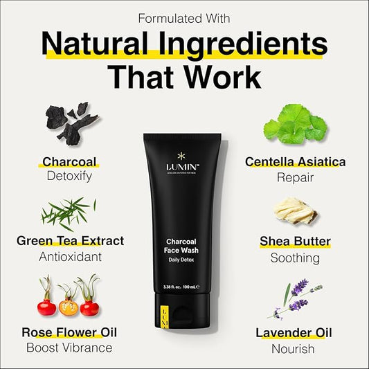 Lumin Charcoal Face Wash for Men Skincare - Daily Detox, Hydrating Face Cleanser, Removes Impurities, Exfoliates, Unclogs Pores, Controls Oil, Soothes Irritation, All Skin Types, 2 Pack
