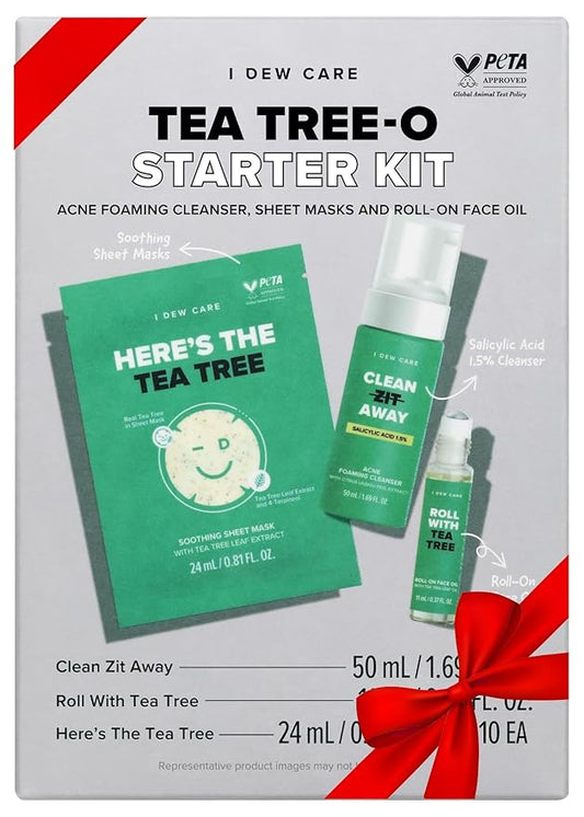 I Dew Care Tea Tree Skincare Set - Tea Tree-O Starter Kit | Salicylic Acid & Tea Tree Oil, Acne Care Treatment, Cleanser, Sheet Masks, and Roll-On Face Oil, Travel Size, TSA Friendly Size