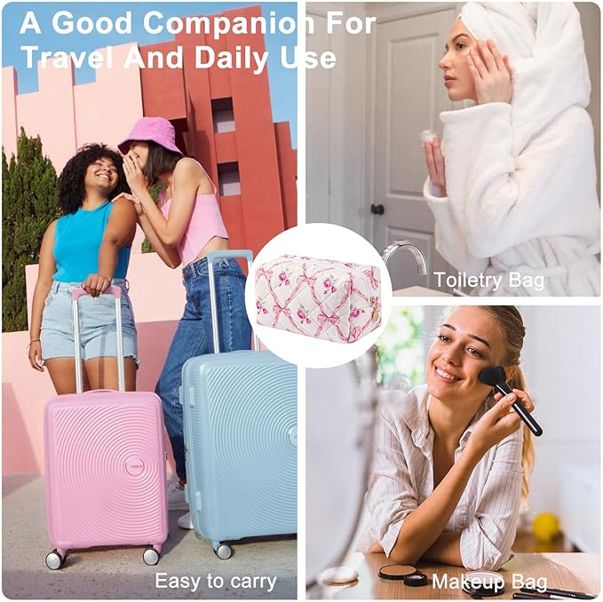 Gleyemor Small Quilted Makeup Bag for Women, Cute Floral Bow Cosmetic Bag, Emergency Bag Travel Toiletry Cotton Pouch Gifts for Girls Her Mom Friend Sister Bridesmaid (Pink Bowknot&Rose)