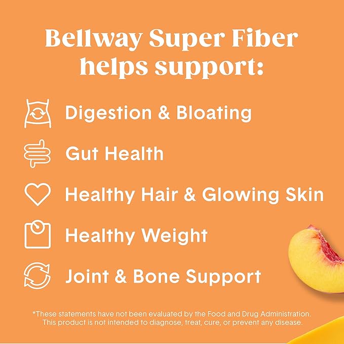 Bellway Super Fiber Powder + Collagen, Sugar-Free Psyllium Husk Powder with Collagen Peptides and Hyaluronic Acid for Digestive Health, Healthy Skin, Nails, Bones & Joints, Peach Mango (20 Servings)