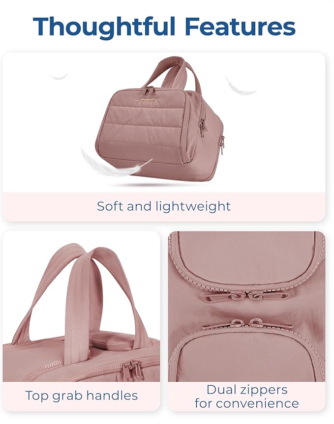 BAGSMART Travel Toiletry Bag, Lightweight Large Wide-open Travel Bag for Women, Puffy Cosmetic Makeup Bag Organizer with Handle for Accessories,Essentials, Toiletries, Dark Pink