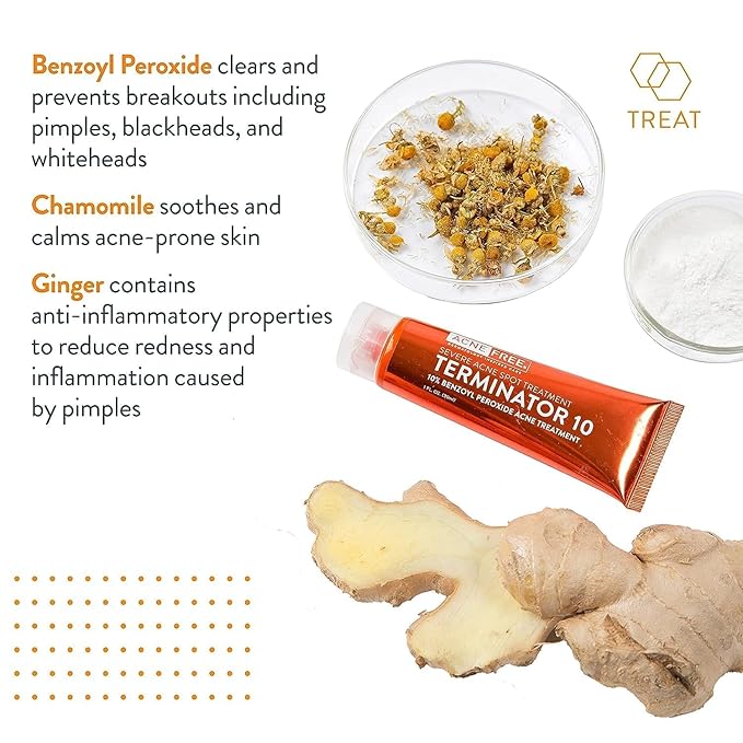 Acne Free Terminator 10 Acne Spot Treatment With Benzoyl Peroxide 10% Maximum Strength Acne Cream Treatment, 1 Ounce, Pack of 3