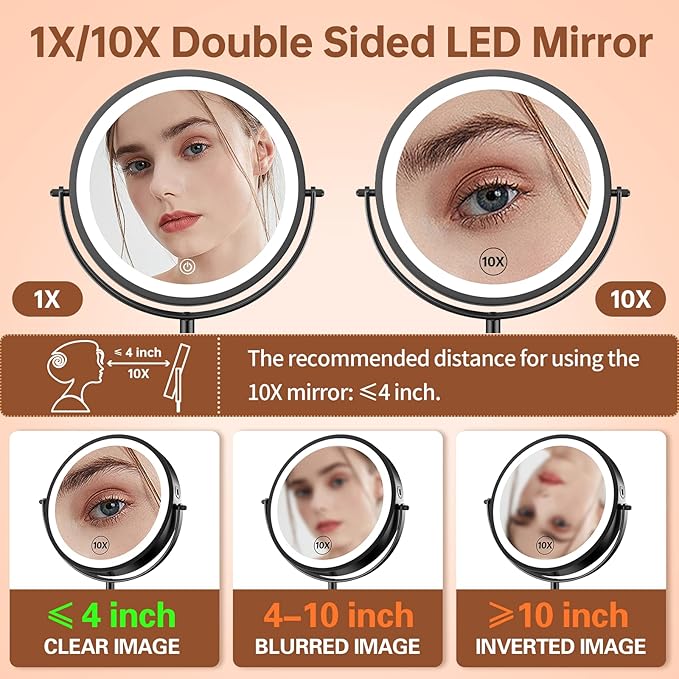 Benbilry 8 Inch Lighted Makeup Vanity Mirror with Lights and Magnification, 1X/10X Magnifying Rechargeable Double Sided Light Up Mirror with 3 Color Dimmable Lights, 360° Swivel Cordless, Silver