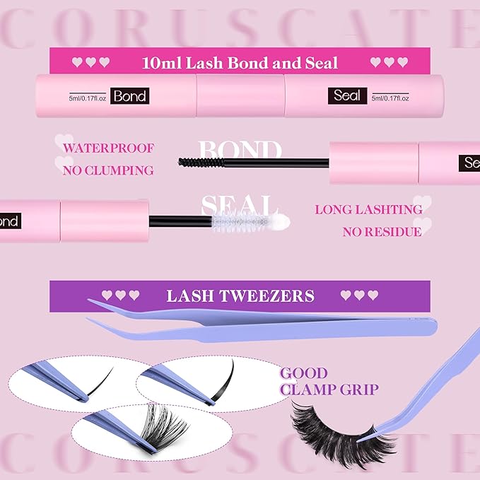 100D Lash Clusters Kit with Bottom Lashes Spikes DIY Lash Extension Kit Thick Cluster Eyelash Extensions 5-20mm Cluster Lashes Strips Eyelash Clusters Individual Lashes Kit with Glue by CORUSCATE