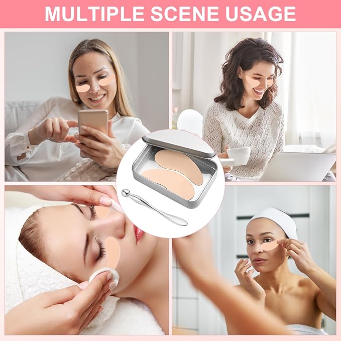 1 Pair Reusable Eye Patch, Silicone Reusable Eye Gel Pads Eye Wrinkle Patches Under Eye Mask, Plump Fine Lines & Wrinkles with Metal Eye Cream Applicator & Tin Case (Cream Color)