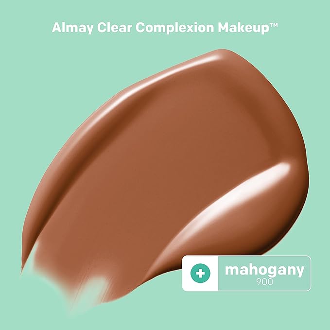 Almay Clear Complexion Acne Foundation Makeup with Salicylic Acid, Medium Coverage, Soft Matte Finish, Hypoallergenic, Cruelty- & Fragrance-Free, Dermatologist Tested, 900 Mahogany, 1 fl oz