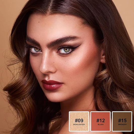 Lezero 3Pcs Contour Stick Makeup Kit, Shades with Highlighter, Blush and Bronzer Trio for Sculpt the Cheeks and Body, Longwear, Waterproof, Dewy & Matte Finish, MEDIUM (09,12,15)