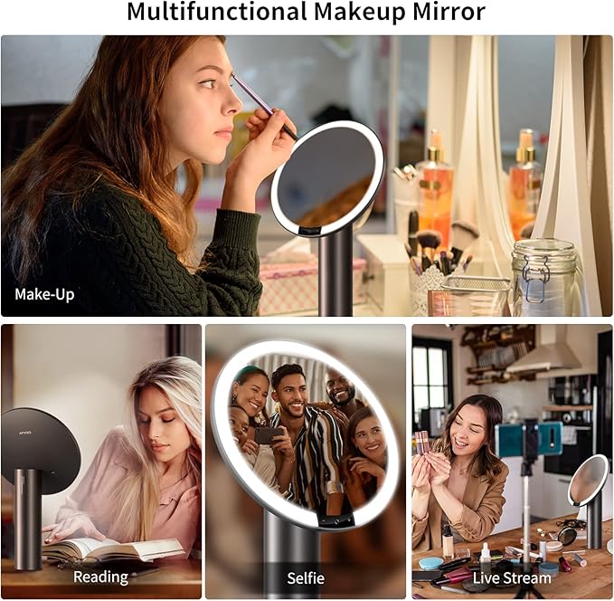 AMIRO 9" Lighted Makeup Mirror with Smart Sensor & Touch-Control, 3 Colors & 6 Brightness, Rechargeable & Cordless, Memory Function, Free Rotation-Black