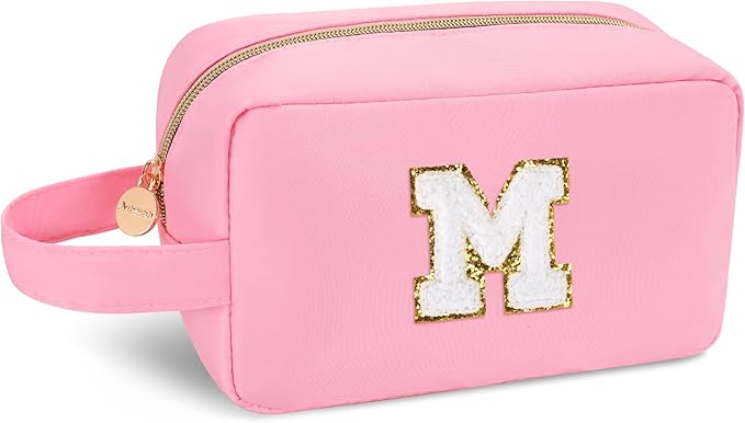 Aveniee Gifts for Teen Girls,Monogram Initial Makeup Bag for 5–16-Year-Olds,Personalized Christmas Birthday Gifts,Stocking Stuffers,Trendy Travel Toiletry Bag-Pink M