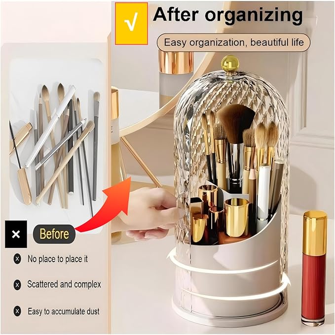 Makeup Brush Holder with Lid，Makeup Brush Storage Box with Diamond Pattern，360 Rotating Waterproof and Dustproof Beauty Brushes Storage for Vanity Bathroom,White
