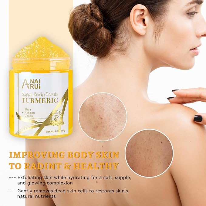 ANAI RUI Turmeric Body Scrub Exfoliator, Sugar Scrub for Exfoliating, Smoothing, Hydrating Skin, Face & Body Scrub with Turmeric, Face Body Hand and Foot Scrub, Moisturizing Body SkinCare, 9 OZ