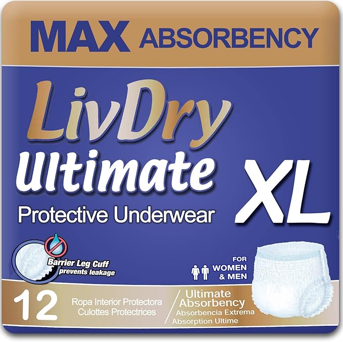 LivDry Ultimate XL Adult Incontinence Underwear, Max Absorbent Adult Diapers with Leak Protection, X-Large, 12-Pack