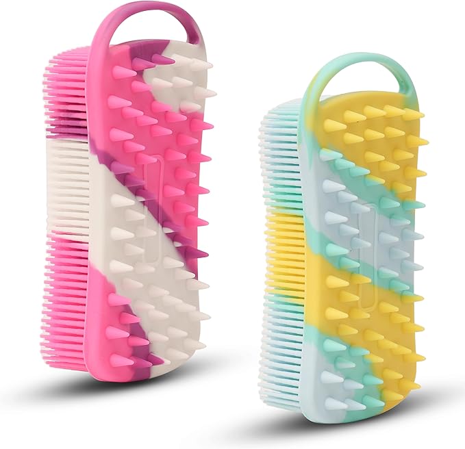 2 PC Silicone Exfoliating Body Scrubber, 2 in 1 Silicone Body Shampoo Brush, Soft Silicone Loofah for Sensitive Skin, Shower Silicone Hair Scalp Massager, Easy to Clean, Lather Well (Purple&Yellow)
