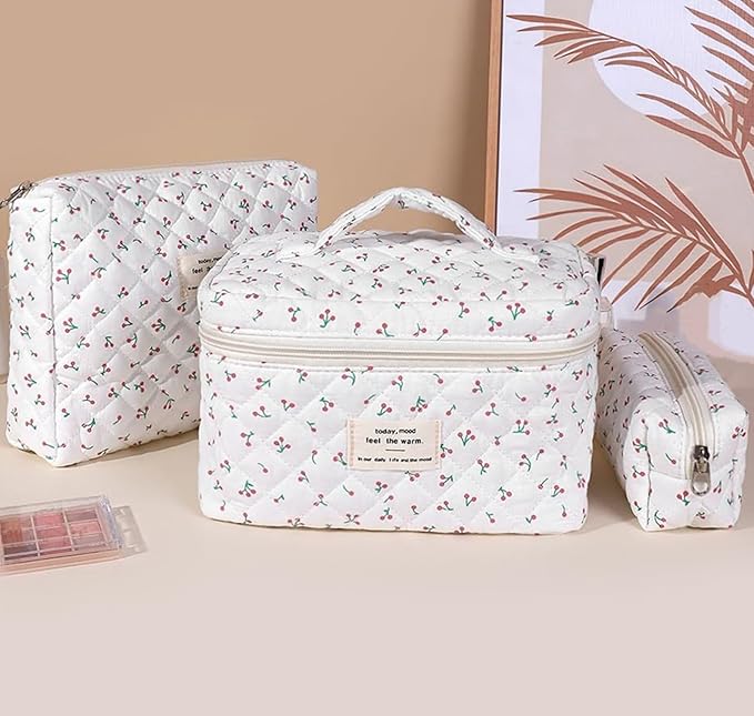 3 Pcs Quilted Makeup Bag Set,Cotton Coquette Make Up Bag,Cute Floral Makeup Bags Large Toiletry Cosmetic Bag Organizer for Women Girls (P1-3PCS)