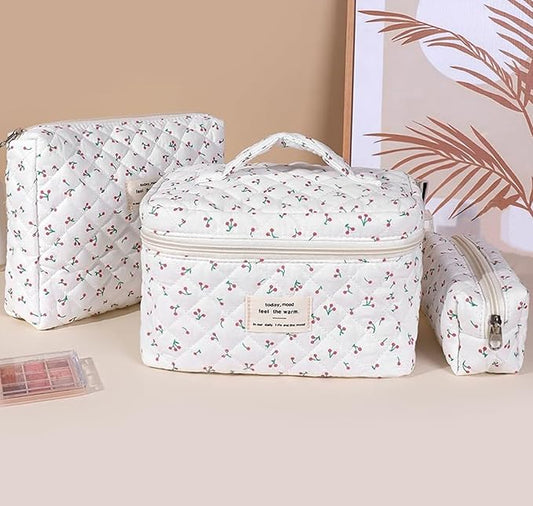 3 Pcs Quilted Makeup Bag Set,Cotton Coquette Make Up Bag,Cute Floral Makeup Bags Large Toiletry Cosmetic Bag Organizer for Women Girls (P1-3PCS)