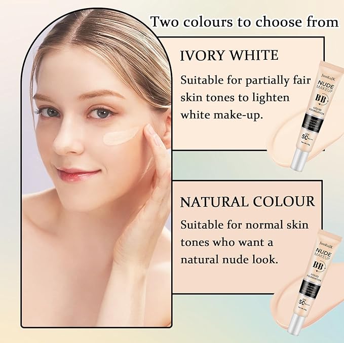 2PCS Hydrating BB Cream,Full Coverage Concealer Liquid Foundation for All Skin Types,Face Sunscreen SPF 50 PA++++ Long Lasting Moisturizing Oil Control Foundation Makeup Brush Set（Ivory & Natural）