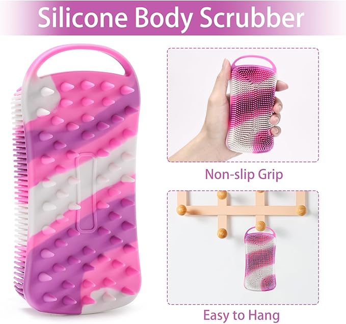 2 Pack Silicone Exfoliating Body Scrubber, 2 in 1 Body Brush & Hair Scalp Brush for Shower and Bath, Soft Silicone Loofah, Easy to Clean with Optimal Lathering (Black, Purple)