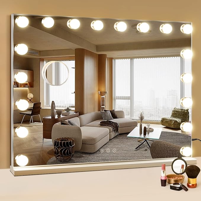 M MIVONDA Hollywood Vanity Mirror with 18 Bulbs Lights, Large Lighted Makeup Mirror for Desk and Wall, Dimmable 3 Lighting Modes, Plug-in & USB Charger Port, White