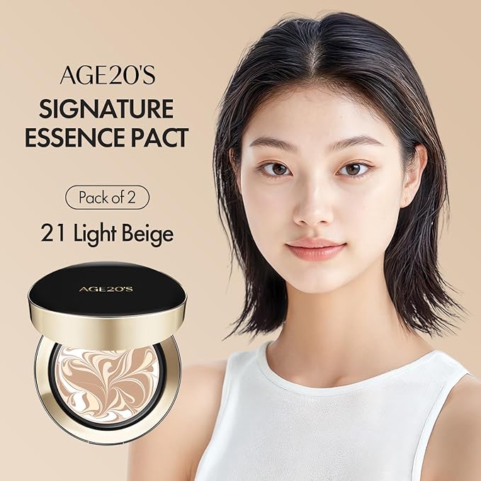 AGE20'S Signature Essence Pact SPF 50+ | Pack of 2 | 21 Light Beige | Cream Foundation, Dewy Finish, Natural Coverage | Korean Cushion Foundation