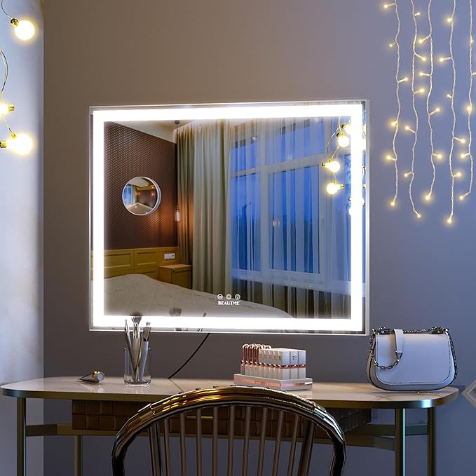 BEAUTME Vanity Mirror with Lights, Hollywood Lighted Makeup Mirror for Dressing Room & Bedroom, Slim Aluminium Frame Design(Silver,28.3" x 22.2")