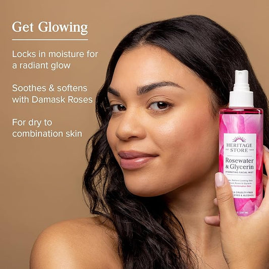 HERITAGE STORE Rosewater & Glycerin, Hydrating Facial Mist for Dry Combination Skin Care, Rose Water Spray for Face with Vegetable Glycerine, Made Without Dyes or Alcohol, Vegan, 8oz