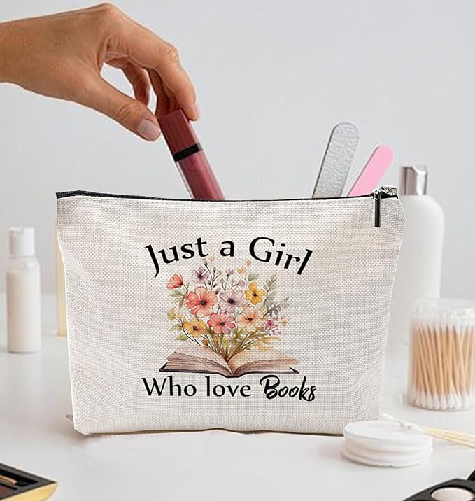 Book Lovers Gifts Makeup Bag, Cosmetic Bag Gifts for Book Lovers, Just A Girl Who Loves Book Makeup Zipper Pouch Bag, Bookish Gifts, Birthday Christmas Gift for Reader Teacher (Book)