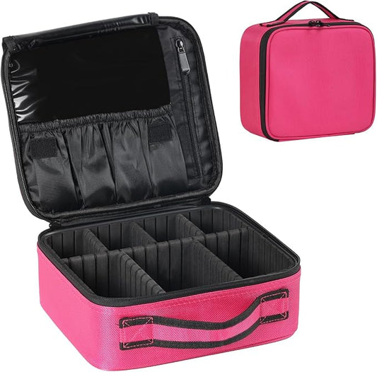 Makeup Organizer Bag, 10 Inch Portable Makeup Box with Adjustable Strap Cosmetic Bag with Brush Storage Sturdy Dual Zip Closure, Cosmetic Case for Women, Waterproof, Durable, Gift for Her, Rose Red