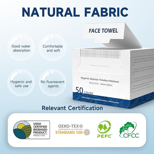 Face Towels, 10” x 12”, Thick Soft and Absorbent, Face Towelettes Disposable Biodegradable for Sensitive Skin, Makeup Remover, Travel, Cleansing, 150 Count（ 3 Pack ）