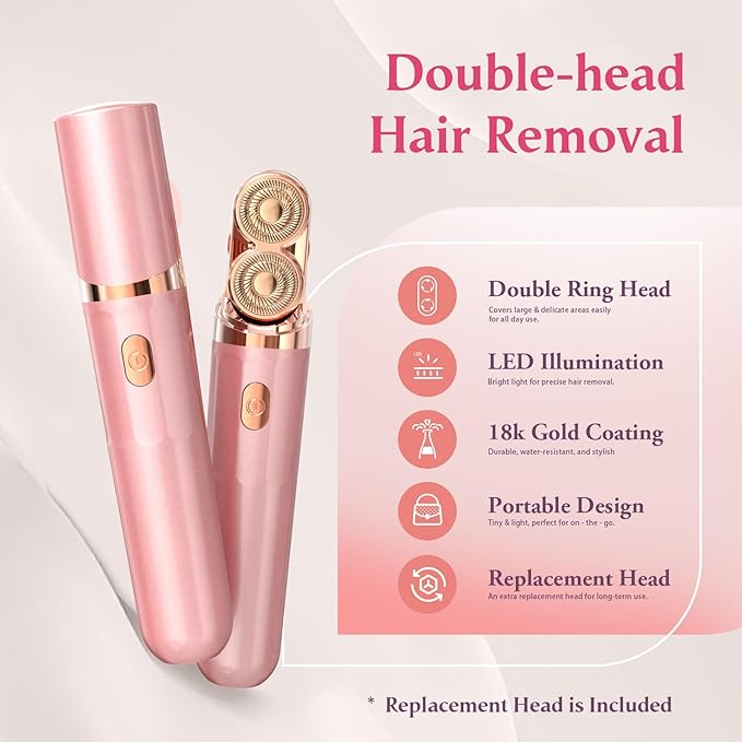 Facial Hair Remover for Women | Dual-Head Face Shaver Electric Hair Removal Device for Face,Lip, Chin | 2 Replacement Heads, Pink-1