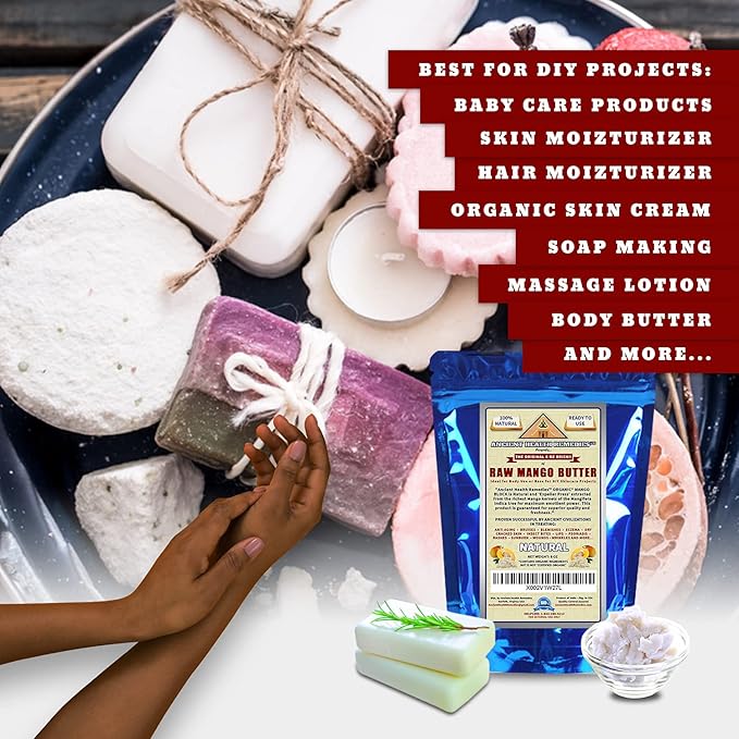 ANCIENT HEALTH REMEDIES Organic Unrefined Raw MANGO BUTTER JAR/BLOCKS Bulk, Light Mango Aroma, Non-Greasy Base for Beauty, Skin Moisturizing, DIY Base for Body Butter & Hand Creams (8OZ)