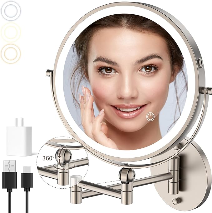 9" Wall Mounted Makeup Mirror with Lights, 4000mAh Rechargeable 1X/10X Wall Mounted Magnifying Mirror for Bathroom, 3 Color Lighting,Touch Screen Dimming,Extended Arm 360 Rotation Wall Mount Mirror N
