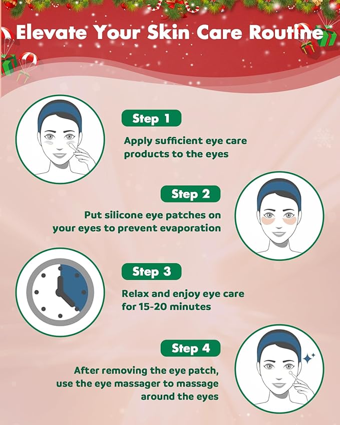 2 Pairs Reusable Under Eye Wrinkle Patches Silicone Mask, Plump Fine Lines & Wrinkles, with Metal Eye Cream Applicator, Tin Case, Christmas Green