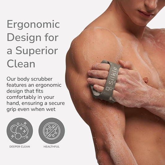 Silicone Body Scrubber (Gray) & 2-Pack Face Scrubber (Blue) - Exfoliating Body Brush for Shower & Skin Cleanser - Gentle Double-Sided Facial Cleansing Brushes - Complete Skincare Set