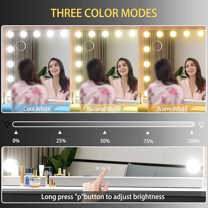 22.8 x 18.2 Vanity Makeup Mirror with Lights, 10X Magnification,Large Hollywood Lighted Vanity Mirror with 15 Dimmable LED Bulbs, USB Charger Port, Tabletop or Wall-Mounted White