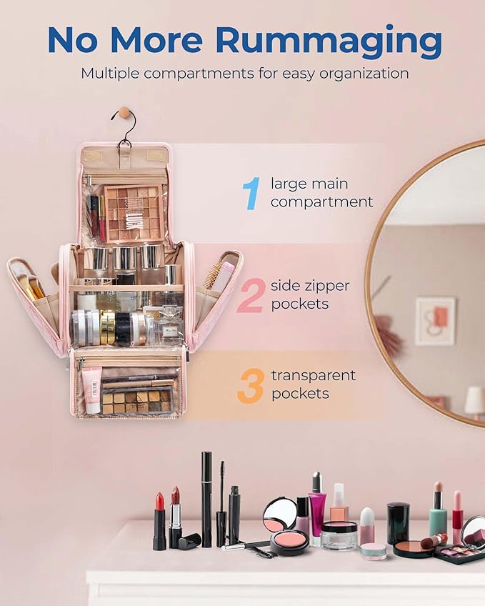 BAGSMART Makeup Bag for Women with Hanging Hook, Large Portable Capacity Water-resistant Organizer Travel Case for Toiletries and Cosmetics, Pink