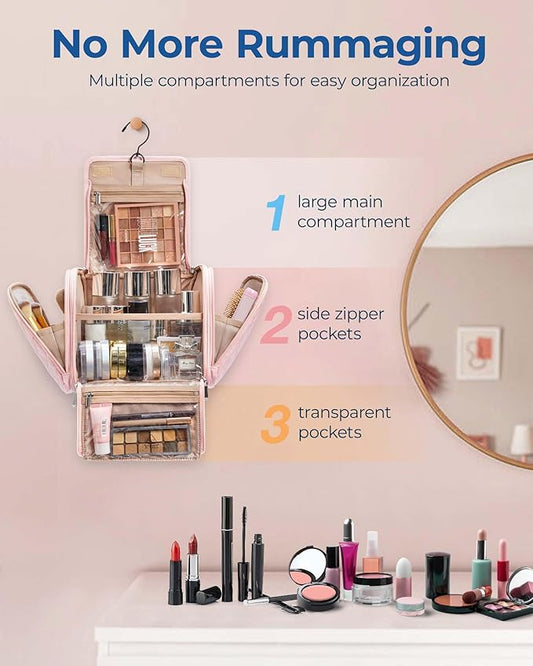 BAGSMART Makeup Bag for Women with Hanging Hook, Large Portable Capacity Water-resistant Organizer Travel Case for Toiletries and Cosmetics, Pink