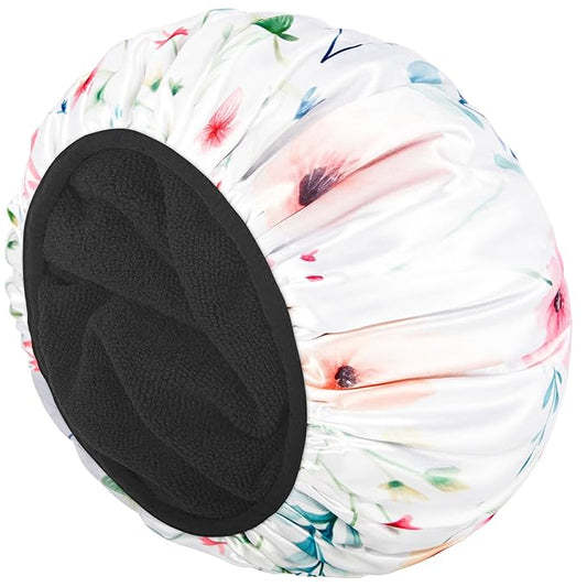 Auban Terry Lined Reusable Large Shower Cap for Women, 3 Layer Waterproof Hair Cap