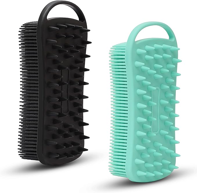 2 PC Silicone Exfoliating Body Scrubber, 2 in 1 Silicone Body Shampoo Brush, Soft Silicone Loofah for Sensitive Skin, Shower Silicone Hair Scalp Massager, Easy to Clean, Lather Well (Black&Green)