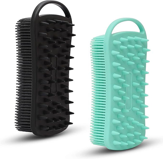 2 PC Silicone Exfoliating Body Scrubber, 2 in 1 Silicone Body Shampoo Brush, Soft Silicone Loofah for Sensitive Skin, Shower Silicone Hair Scalp Massager, Easy to Clean, Lather Well (Black&Green)