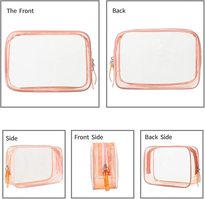 5 Pack Clear Plastic Zippered Toiletry Carry Pouch TSA Approved Toiletry Bag Portable Cosmetic Makeup Bag for Vacation, Bathroom and Organizing (Pink, Small)