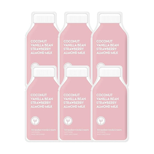 ESW Beauty Strawberries & Cream - Soothing Raw Juice Face Mask (6-Pack) - Calming with Coconut, Vanilla Bean, Almond Milk & Strawberry for Sensitive Skin - Reduces Redness & Nourishes