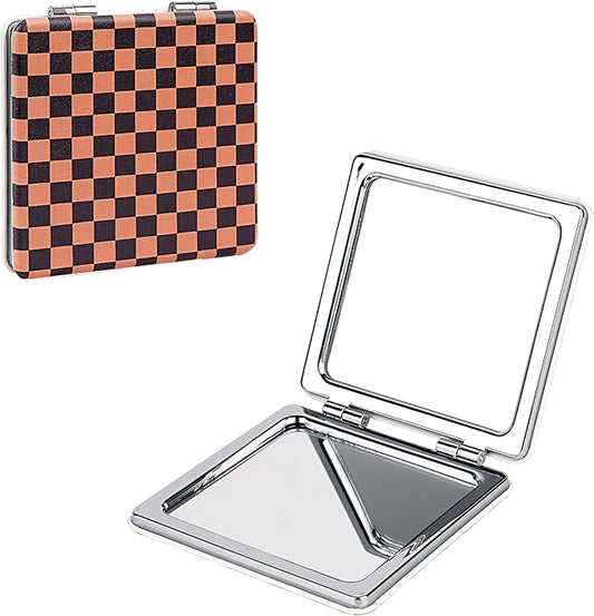 2 Pack Compact Mirror Black Brown Checkered Pattern, Portable Pocket Mirror with Double-Sided Magnification for Makeup, Touch-up and Travel