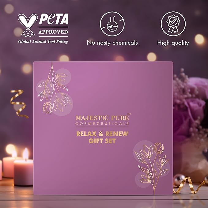 Majestic Pure Mothers Day Gift Set set of 5- (Brazilian Orange oil 1oz, Scented Candle - 50g, Gardenia Hand Cream - 20g, Himalayan Salt Body Scrub - 160g, Gold Face Mask - 100g)