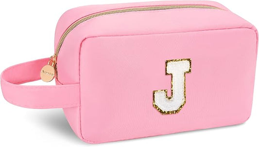 Aveniee Monogram Makeup Bag for Women,Personalized Travel Makeup Bag With Handle,Preppy Cosmetic Organizer Makeup Brush Bag,Birthday Gifts for Teen Girls Mom Wife-Pink J