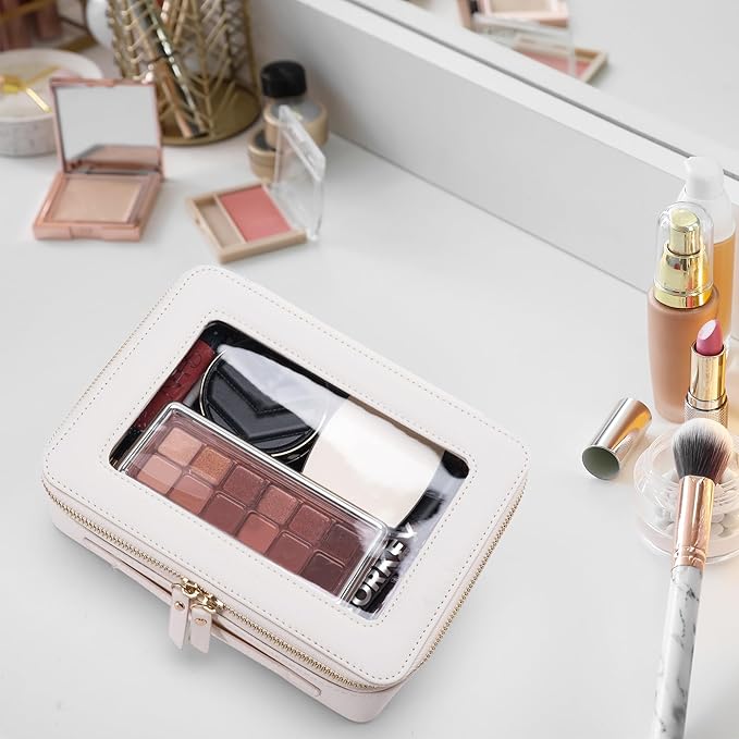 Aveniee Large Clear Makeup Bag Cosmetic bags, Travel Toiletry Bag for Women, Clear Make up Bag Case, Chic Makeup Pouch with Transparent Vinyl Windows & Gold Zippers(White)