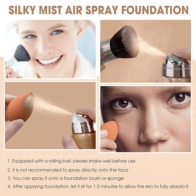 AirBrush Foundation Spray, Silky Mist Spray Makeup Kit with Brush, Full Coverage Foundation for Smooth Radiant Finish, Formula Breathable Lightweight Hydrating | #01 Porcelain