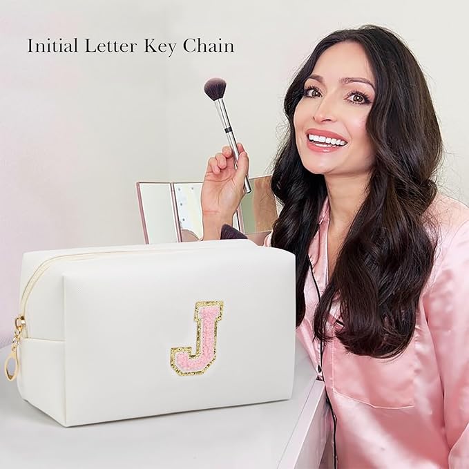 Birthday Gifts for Women Her,Travel Cute Makeup Bag,Large Capacity Cosmetic Bags for Women Makeup Pouch PU Leather Waterproof Cosmetic Bag (J, White)