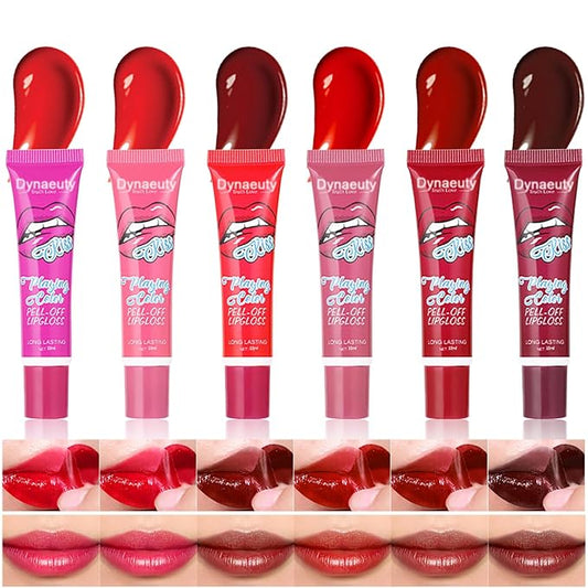 6 Pcs Peel Off Lip Stain Lip Tint Set Lip Glosses Long Lasting Waterproof Non Stick Cup Non Fade Liquid Lipstick Set, Magic Color Lip Oil Set for Women #C