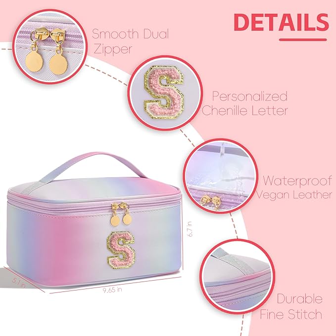 Meiyuuo Large Makeup Bag Cute Travel Pro Cosmetic Bags Personalized Chenille Letter Bag Travel Toiletry Organizer for Women Teen Girls Gifts for Her Preppy Rainbow Pink S